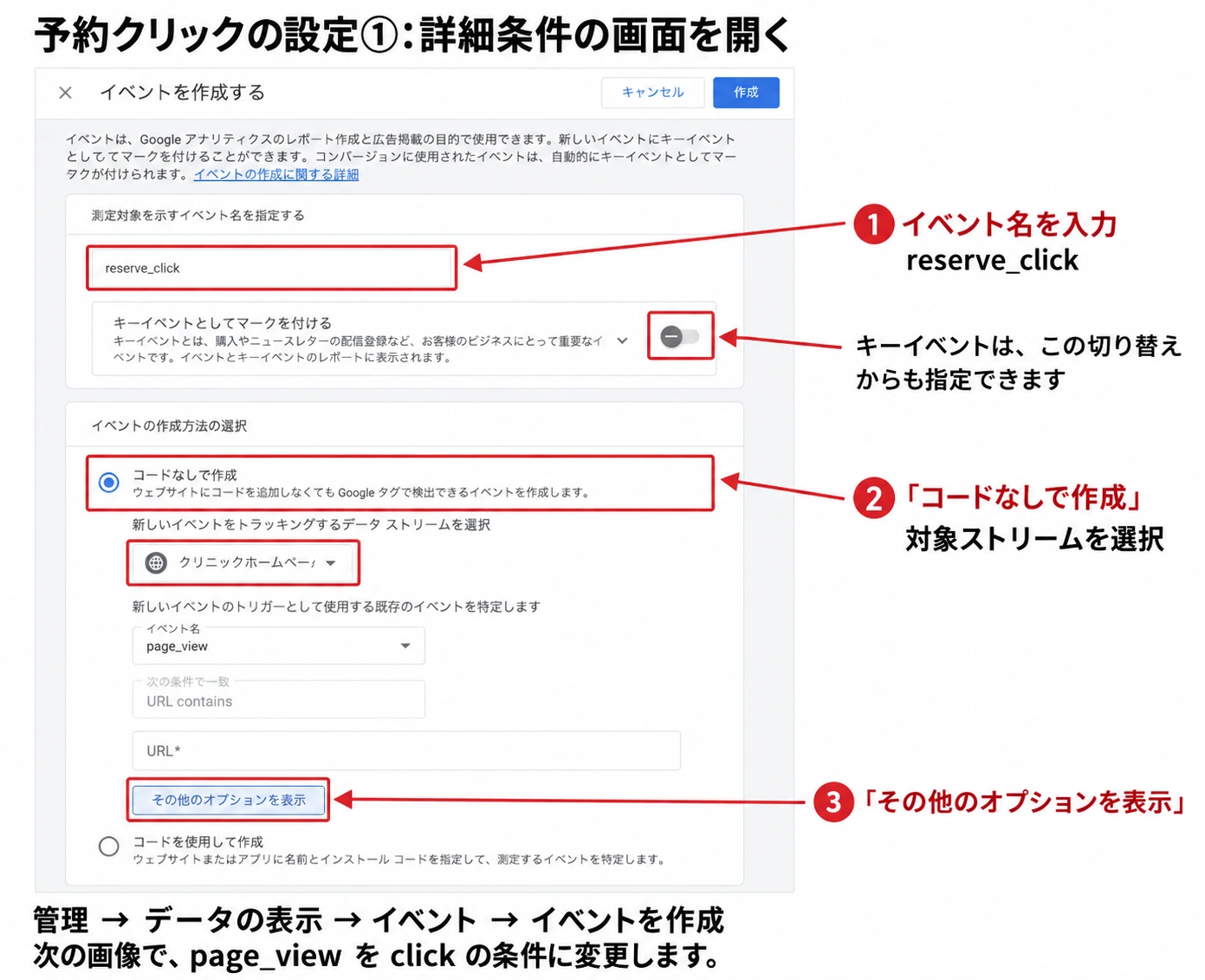 イベント作成画面でreserve_clickを入力し、コードなしで作成とその他のオプションを表示を選ぶ操作手順