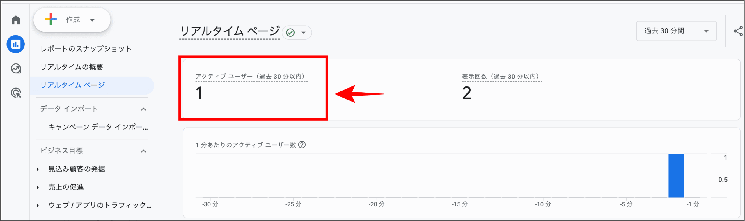 GA4のリアルタイムレポートでアクセスを確認する画面